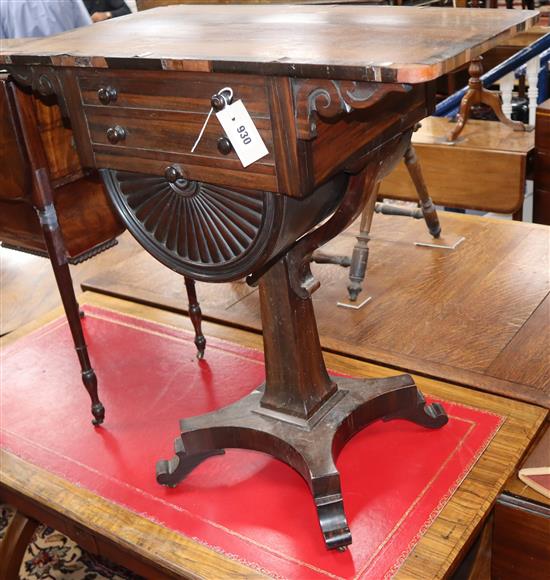 A George IV rosewood work table with carved well on pillar and quadripartite base (a.f.) W.69cm